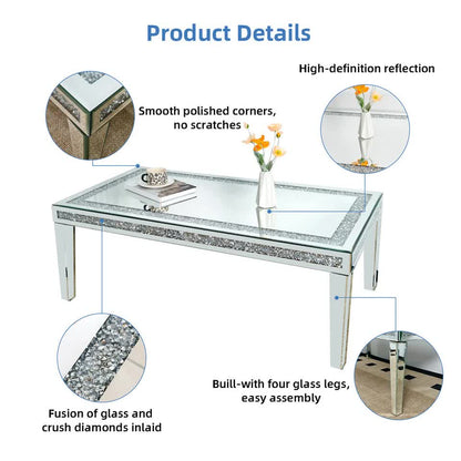 Silver Mirrored Coffee Table with Crushed Crystal Diamond Inlay Rectangular Center Table for Living Room V767-CJ-Z1831