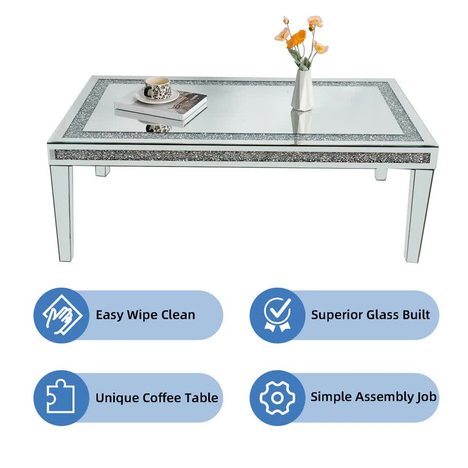 Silver Mirrored Coffee Table with Crushed Crystal Diamond Inlay Rectangular Center Table for Living Room V767-CJ-Z1831