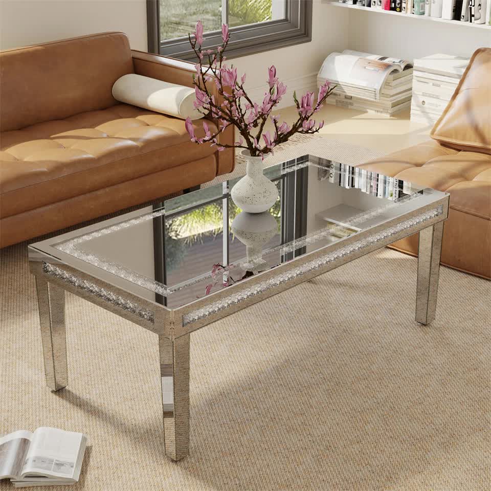 Silver Mirrored Coffee Table with Crushed Crystal Diamond Inlay Rectangular Center Table for Living Room V767-CJ-Z1831
