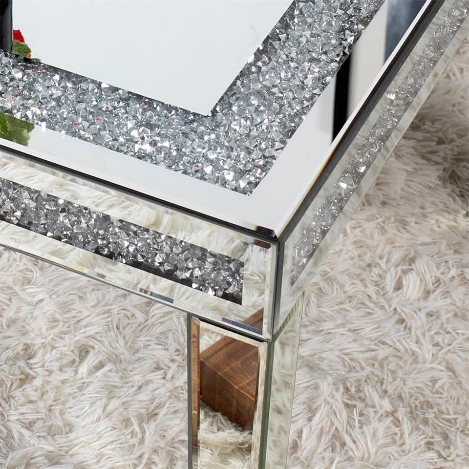 Silver Mirrored Coffee Table with Crushed Crystal Diamond Inlay Rectangular Center Table for Living Room V767-CJ-Z1831