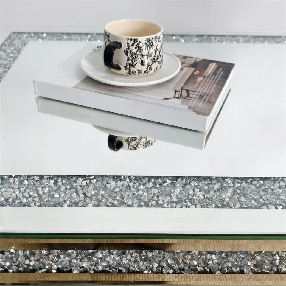 Silver Mirrored Coffee Table with Crushed Crystal Diamond Inlay Rectangular Center Table for Living Room V767-CJ-Z1831