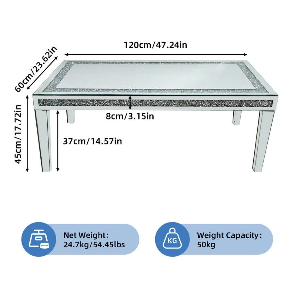 Silver Mirrored Coffee Table with Crushed Crystal Diamond Inlay Rectangular Center Table for Living Room V767-CJ-Z1831
