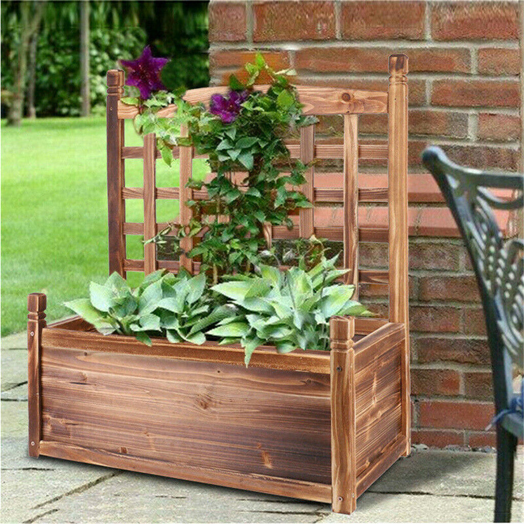 Fin Large Wooden Planter Box Stand Flowerpot Box W/ Trellis Support Patio Lattice V767-HJ-XM117-S