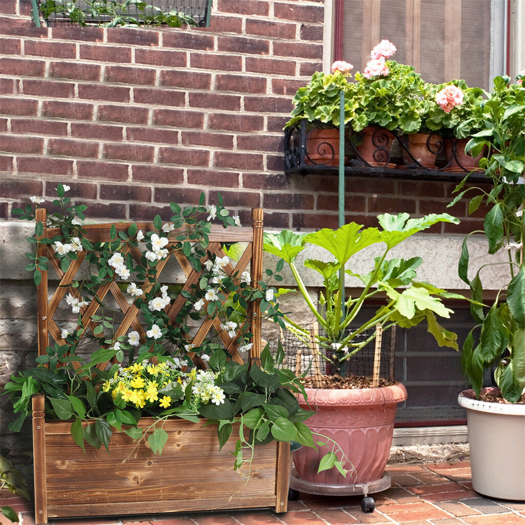 Fin Large Wooden Planter Box Stand Flowerpot Box W/ Trellis Support Patio Lattice V767-HJ-XM117-S