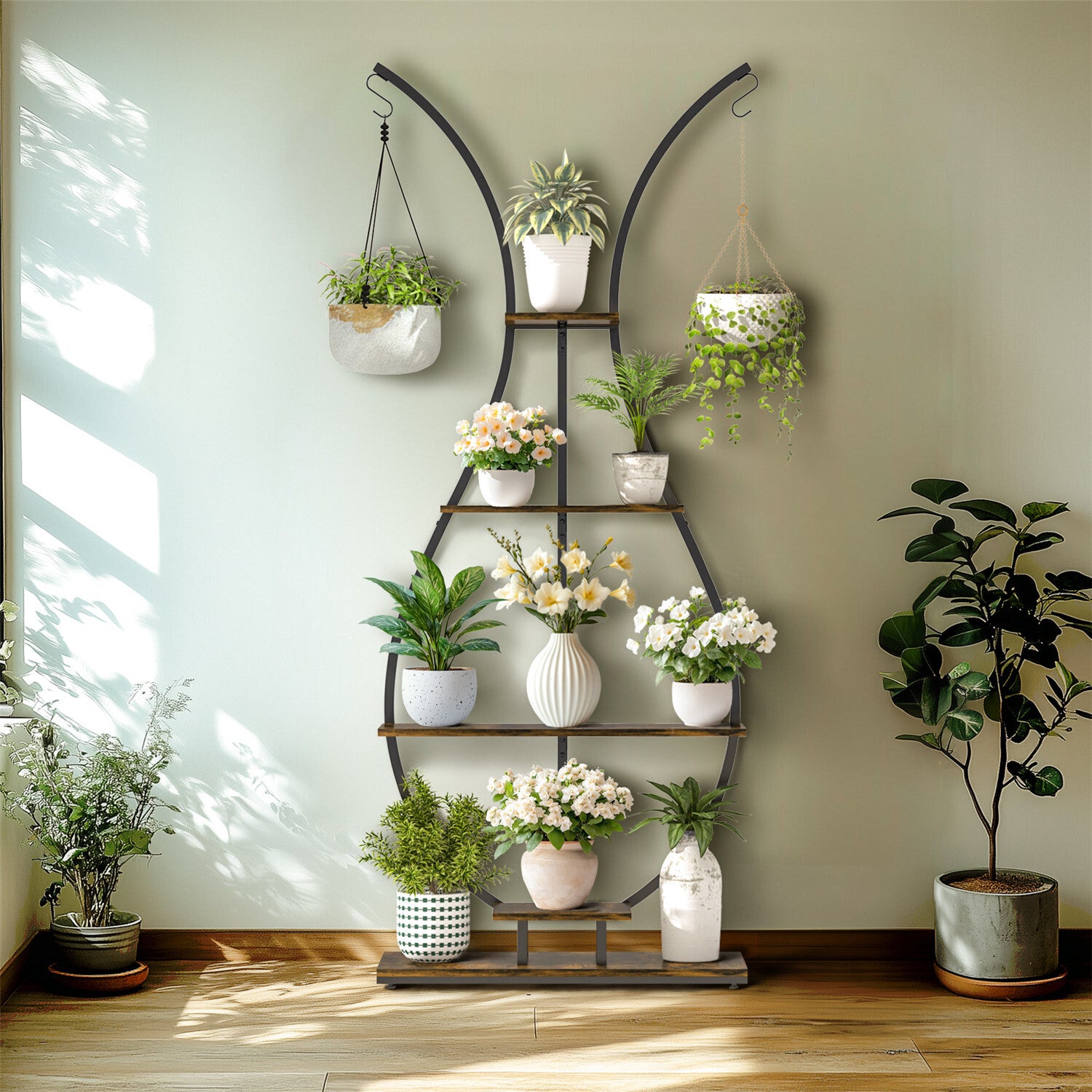 180Cm Tall Plant Stand Indoor Vase-Shape Metal Plant Shelf With Hanging Hooks V767-HJ-XZ1616