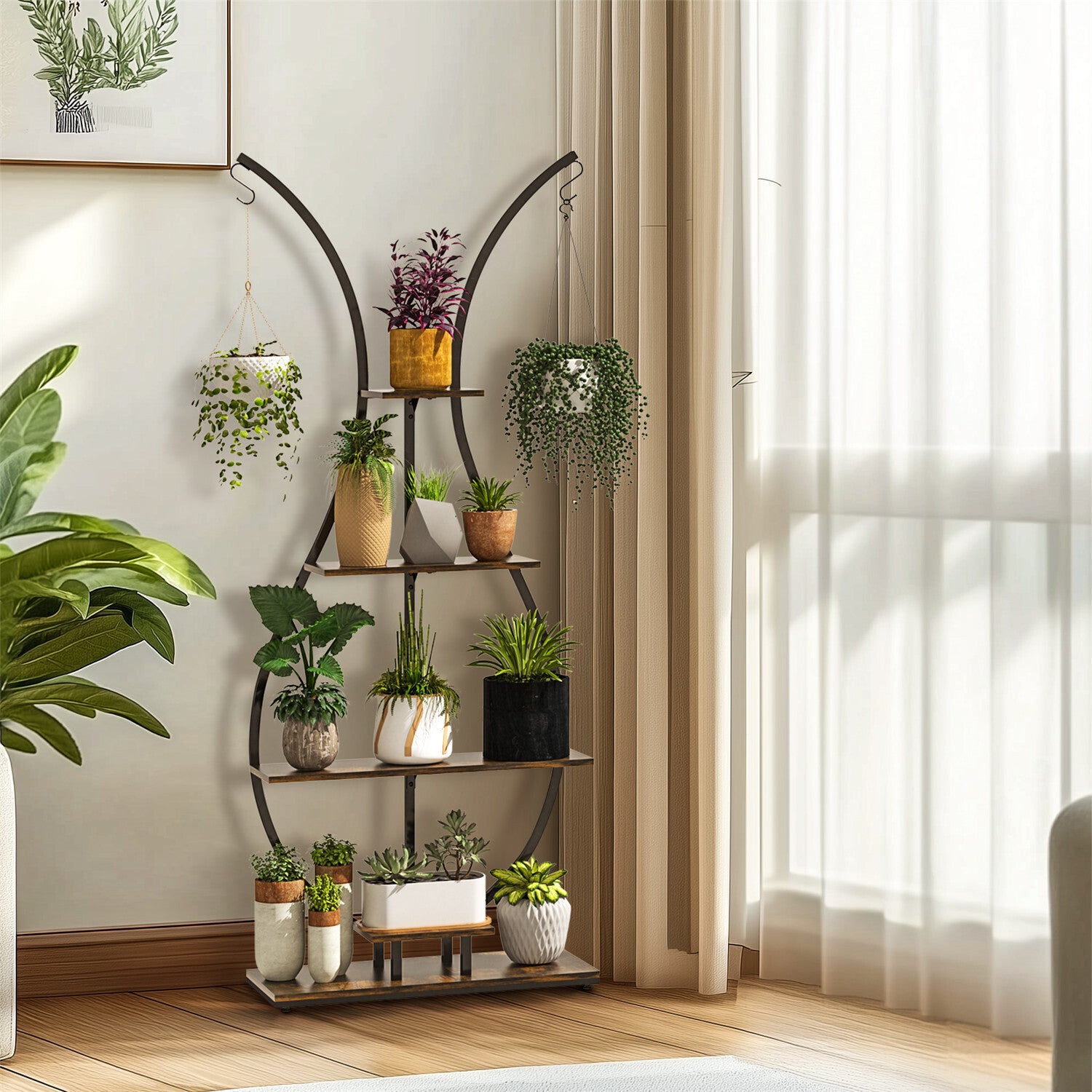 180Cm Tall Plant Stand Indoor Vase-Shape Metal Plant Shelf With Hanging Hooks V767-HJ-XZ1616