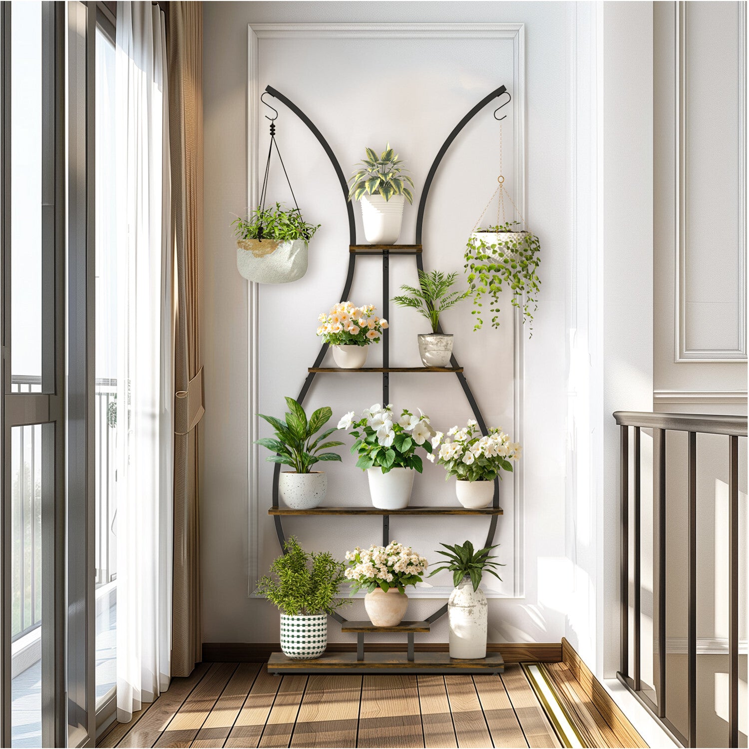 180Cm Tall Plant Stand Indoor Vase-Shape Metal Plant Shelf With Hanging Hooks V767-HJ-XZ1616