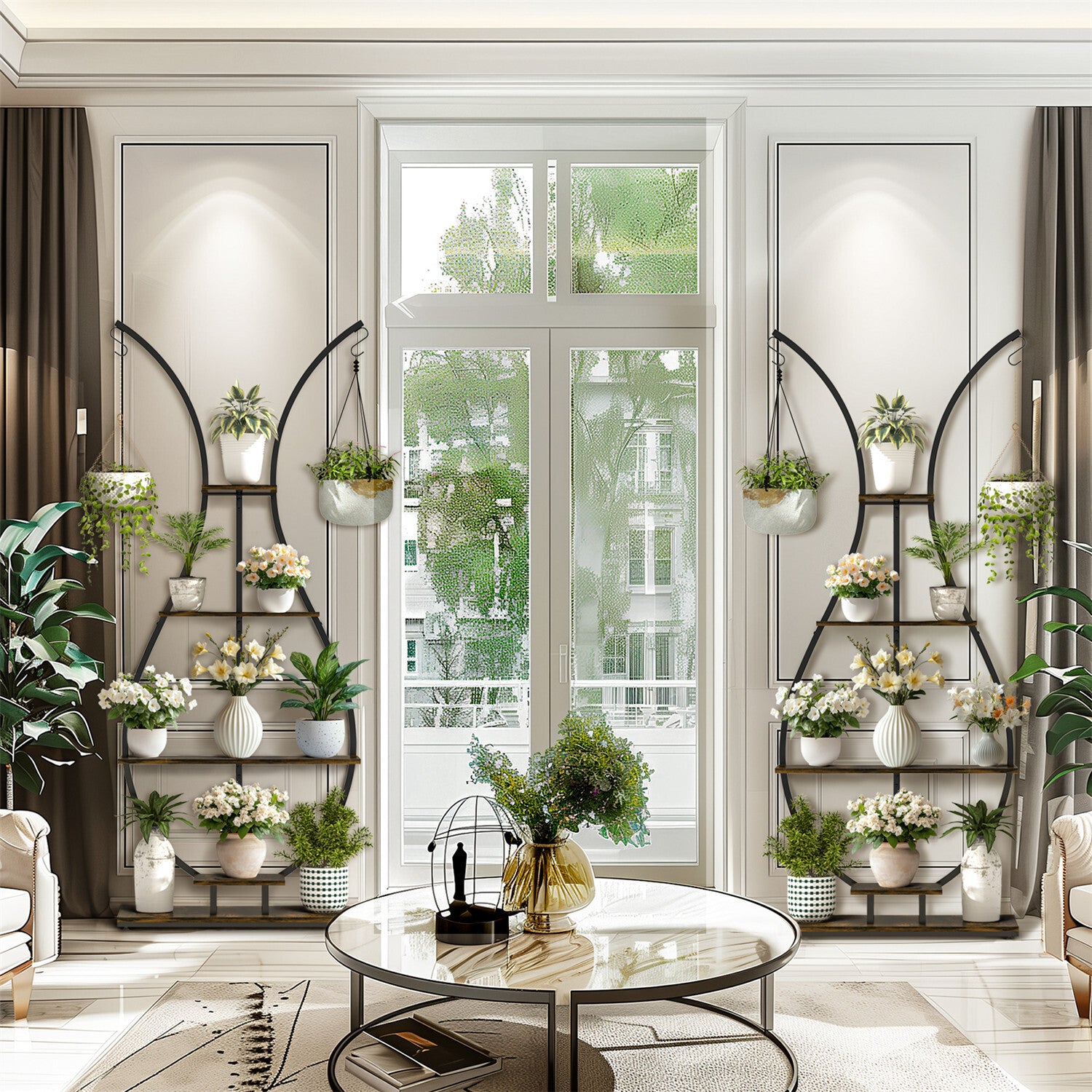 180Cm Tall Plant Stand Indoor Vase-Shape Metal Plant Shelf With Hanging Hooks V767-HJ-XZ1616