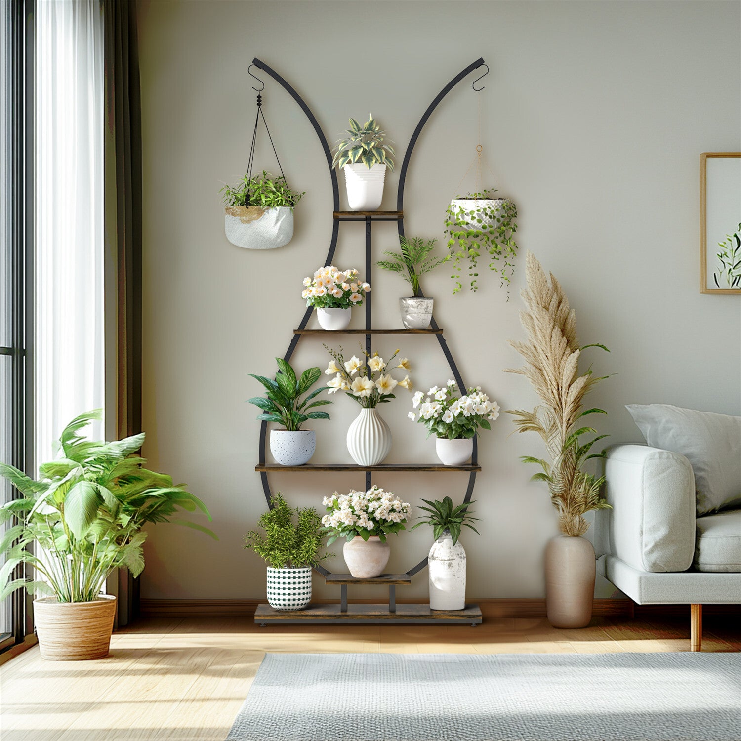 180Cm Tall Plant Stand Indoor Vase-Shape Metal Plant Shelf With Hanging Hooks V767-HJ-XZ1616