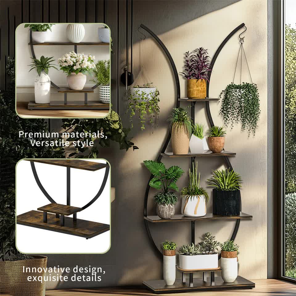 180Cm Tall Plant Stand Indoor Vase-Shape Metal Plant Shelf With Hanging Hooks V767-HJ-XZ1616