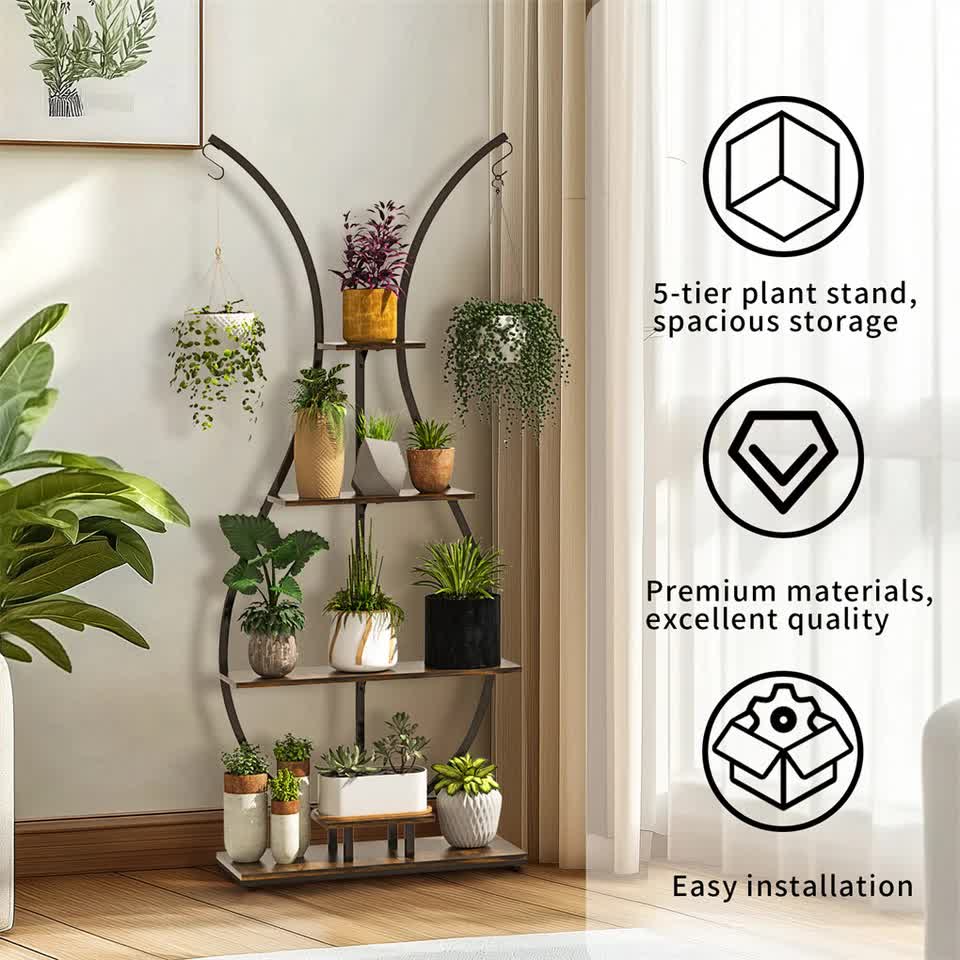 180Cm Tall Plant Stand Indoor Vase-Shape Metal Plant Shelf With Hanging Hooks V767-HJ-XZ1616