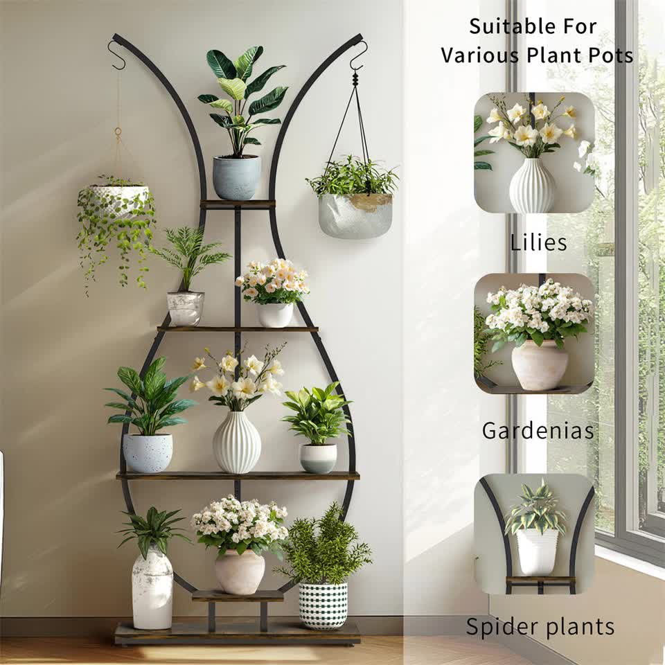 180Cm Tall Plant Stand Indoor Vase-Shape Metal Plant Shelf With Hanging Hooks V767-HJ-XZ1616