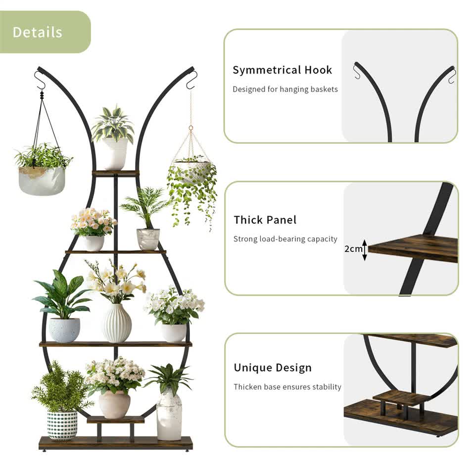 180Cm Tall Plant Stand Indoor Vase-Shape Metal Plant Shelf With Hanging Hooks V767-HJ-XZ1616