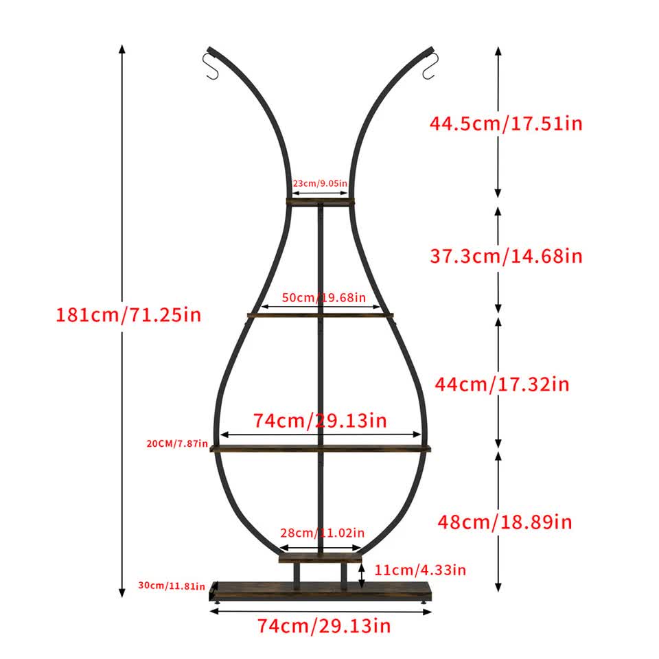 180Cm Tall Plant Stand Indoor Vase-Shape Metal Plant Shelf With Hanging Hooks V767-HJ-XZ1616