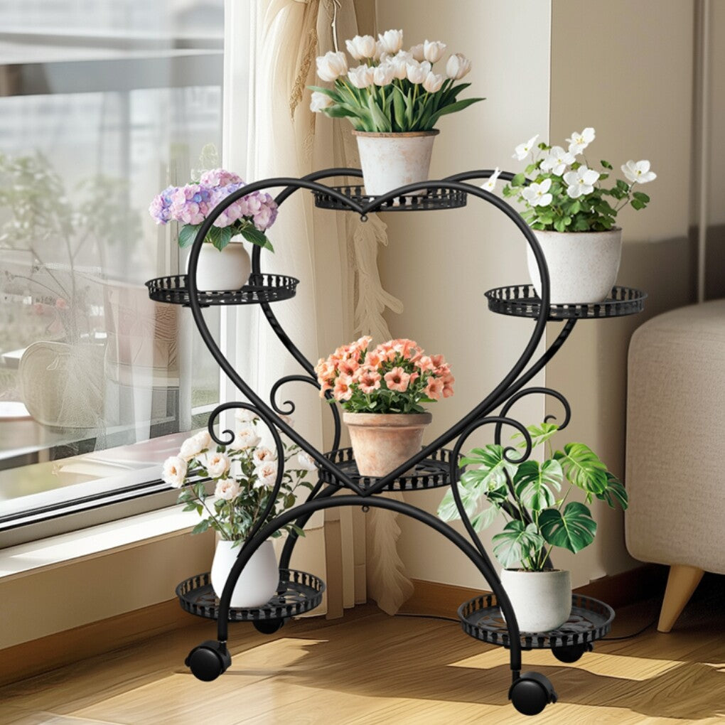 6 Potted Heart-shaped Metal Tall Plant Stand Rolling Garden Cart Flower Racks AU V767-HJ-XZ1747