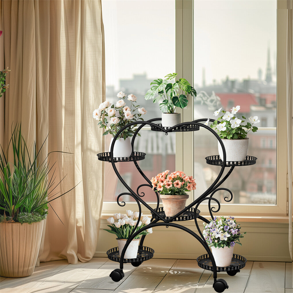 6 Potted Heart-shaped Metal Tall Plant Stand Rolling Garden Cart Flower Racks AU V767-HJ-XZ1747