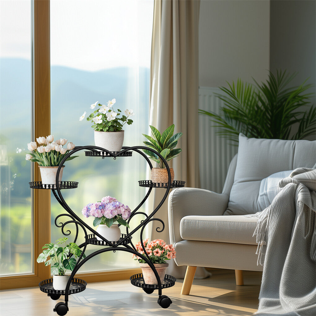 6 Potted Heart-shaped Metal Tall Plant Stand Rolling Garden Cart Flower Racks AU V767-HJ-XZ1747