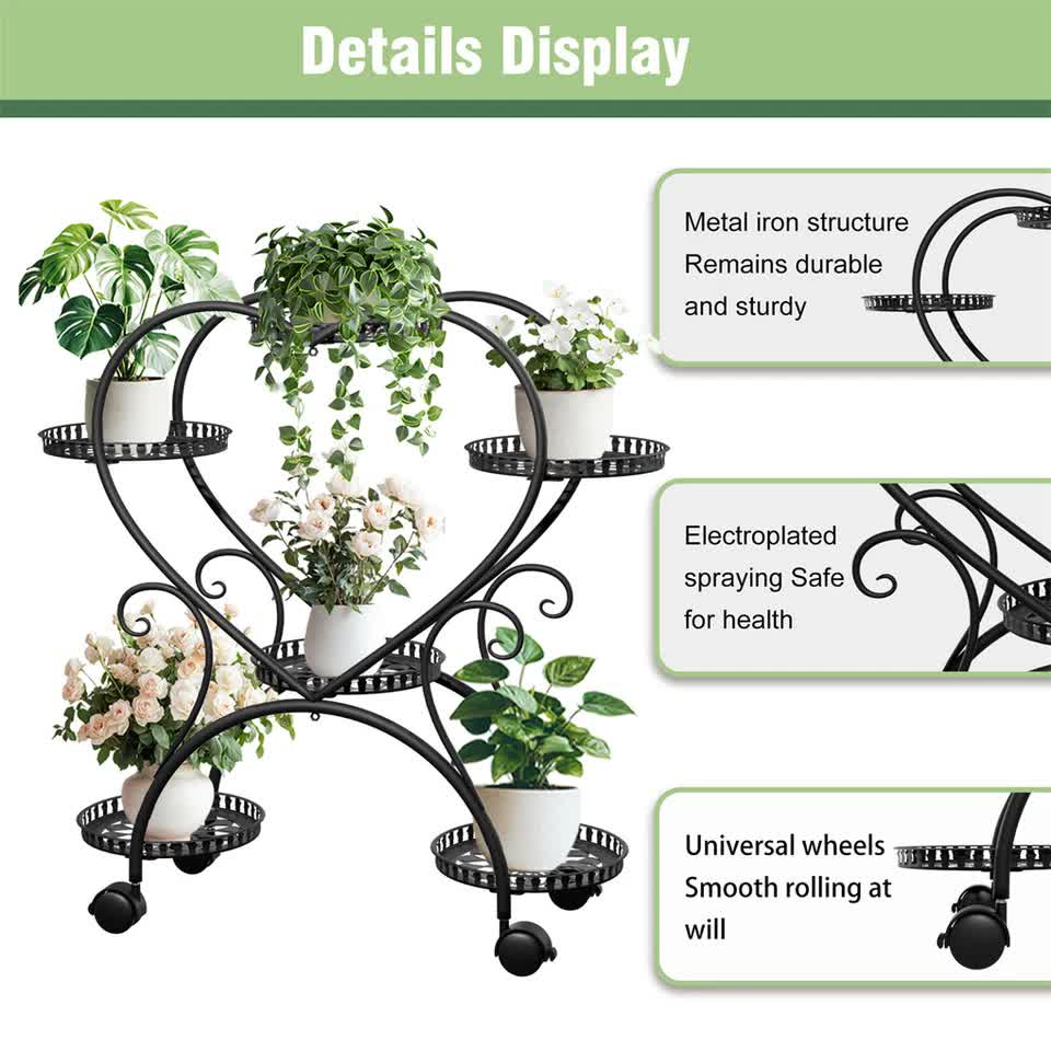 6 Potted Heart-shaped Metal Tall Plant Stand Rolling Garden Cart Flower Racks AU V767-HJ-XZ1747