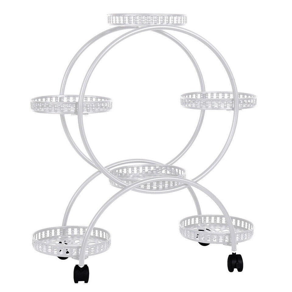 Fin White Metal Plant Stand 6-Potted Flower Pot Holder W Wheels 4 Tier Display Shelf V767-HJ-ZT112-WT