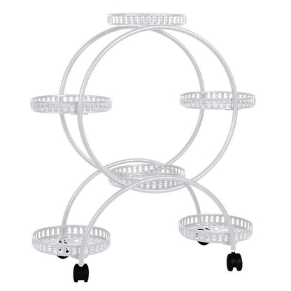 Fin White Metal Plant Stand 6-Potted Flower Pot Holder W Wheels 4 Tier Display Shelf V767-HJ-ZT112-WT