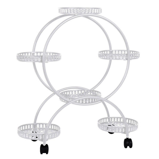 Fin White Metal Plant Stand 6-Potted Flower Pot Holder W Wheels 4 Tier Display Shelf V767-HJ-ZT112-WT