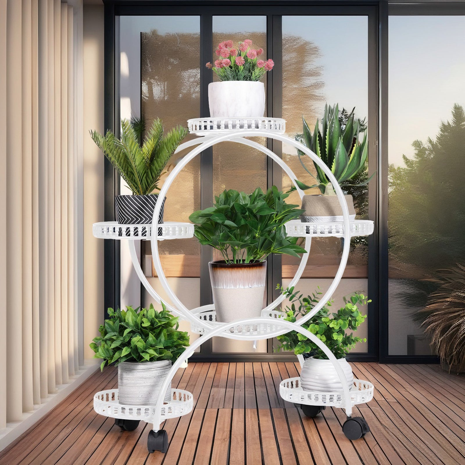 Fin White Metal Plant Stand 6-Potted Flower Pot Holder W Wheels 4 Tier Display Shelf V767-HJ-ZT112-WT
