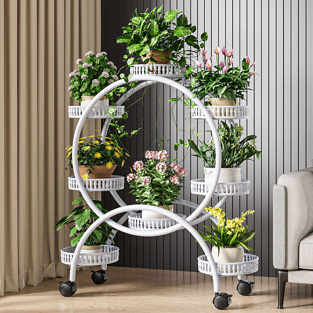 Fin White Metal Plant Stand 6-Potted Flower Pot Holder W Wheels 4 Tier Display Shelf V767-HJ-ZT112-WT
