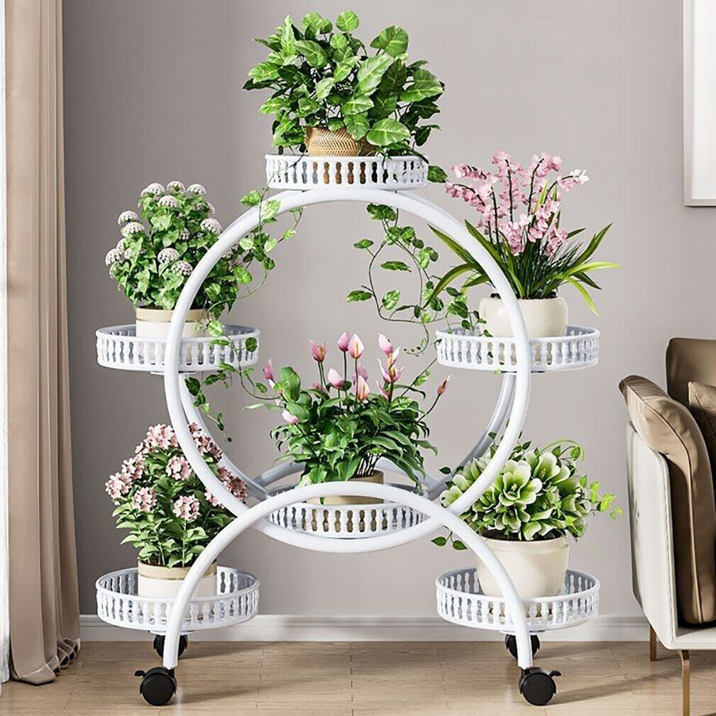 Fin White Metal Plant Stand 6-Potted Flower Pot Holder W Wheels 4 Tier Display Shelf V767-HJ-ZT112-WT