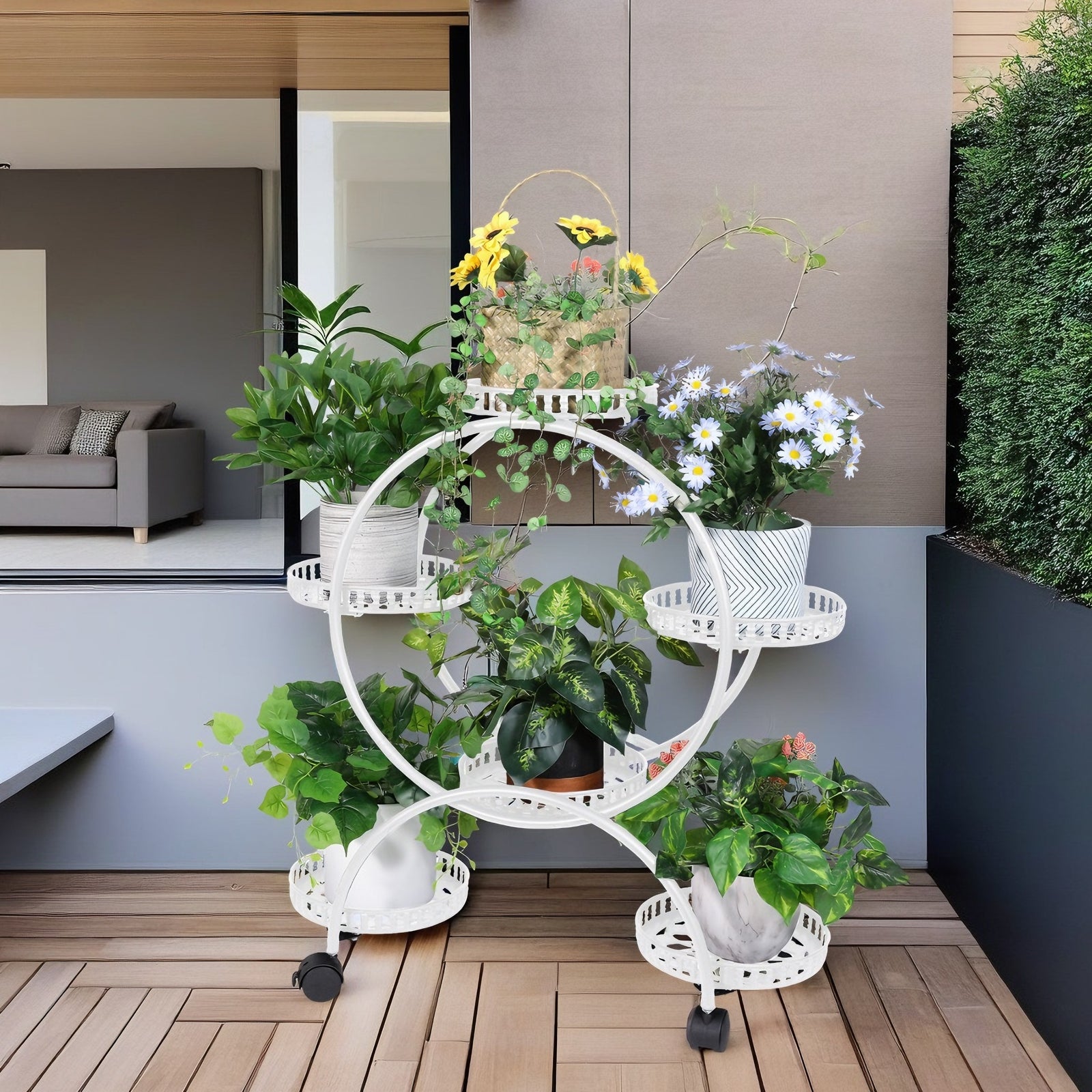 Fin White Metal Plant Stand 6-Potted Flower Pot Holder W Wheels 4 Tier Display Shelf V767-HJ-ZT112-WT