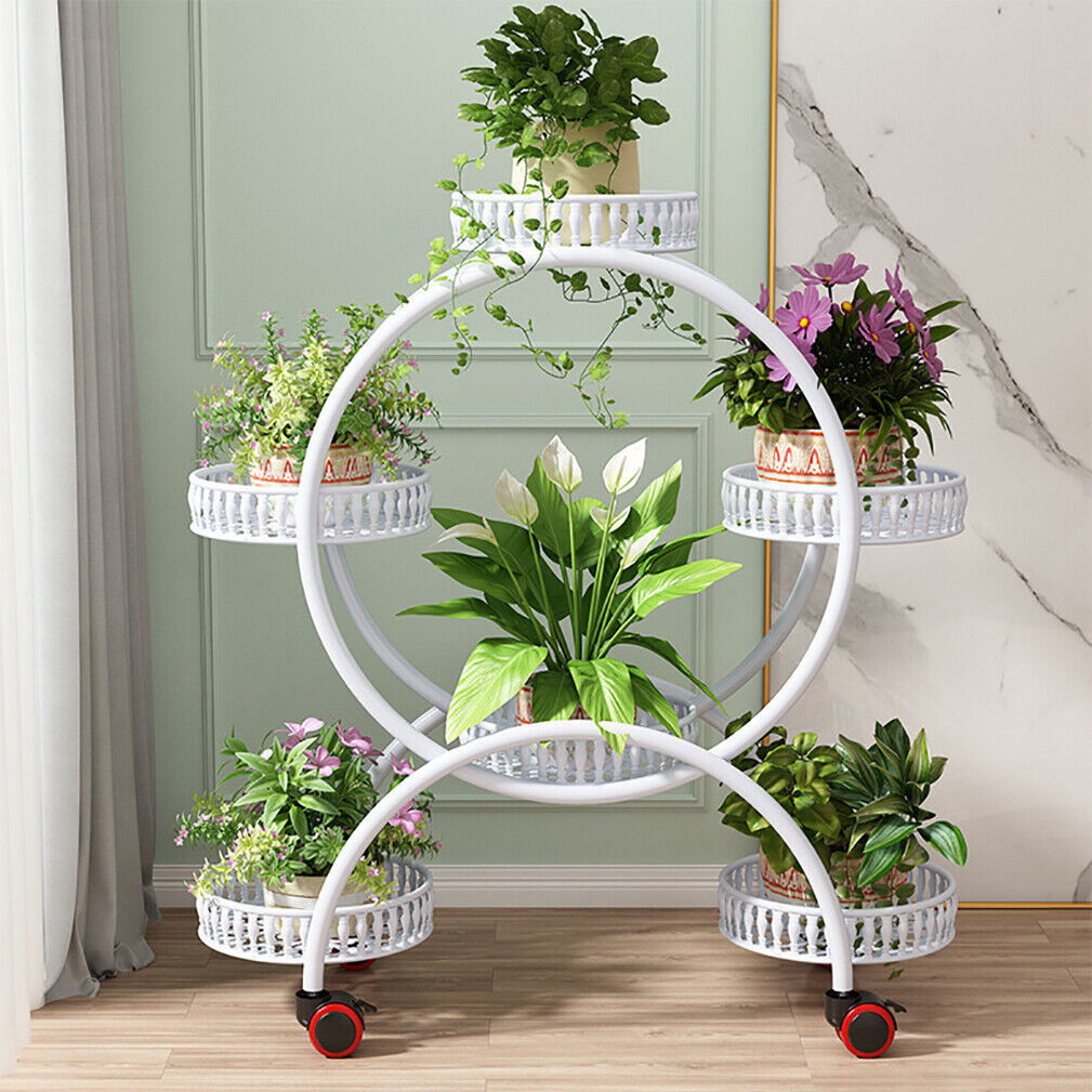 Fin White Metal Plant Stand 6-Potted Flower Pot Holder W Wheels 4 Tier Display Shelf V767-HJ-ZT112-WT