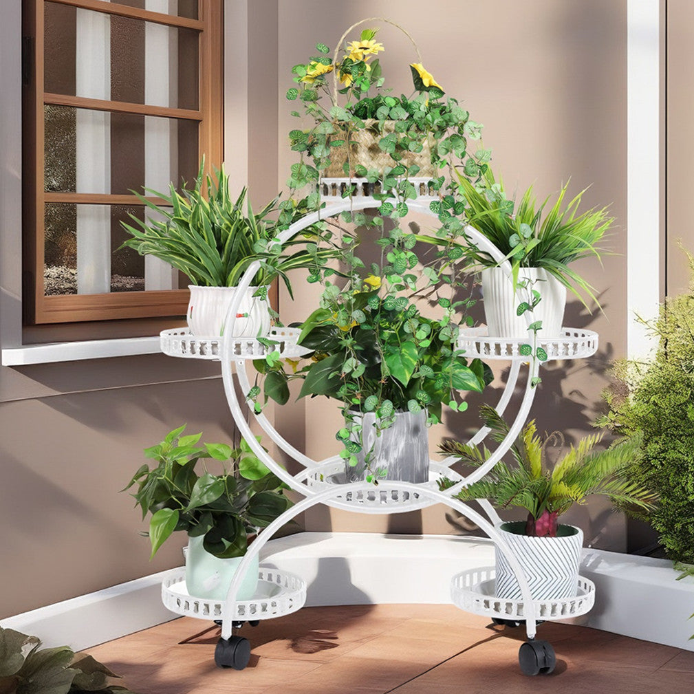 Fin White Metal Plant Stand 6-Potted Flower Pot Holder W Wheels 4 Tier Display Shelf V767-HJ-ZT112-WT