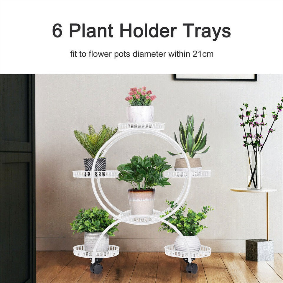 Fin White Metal Plant Stand 6-Potted Flower Pot Holder W Wheels 4 Tier Display Shelf V767-HJ-ZT112-WT
