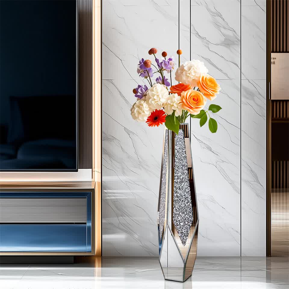 P&P Silver Sparkling Diamond Floor Vase with Glass Inlay for Modern Living Room Decoration V767-HP-XZ1779