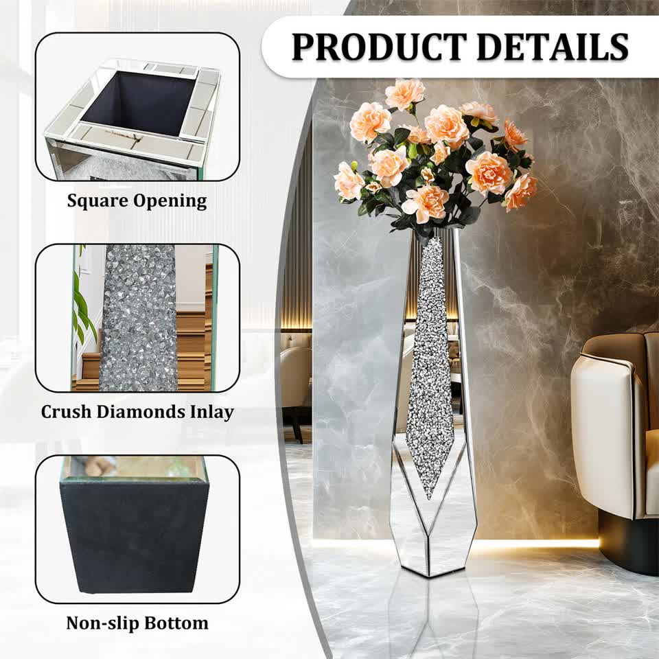 P&P Silver Sparkling Diamond Floor Vase with Glass Inlay for Modern Living Room Decoration V767-HP-XZ1779