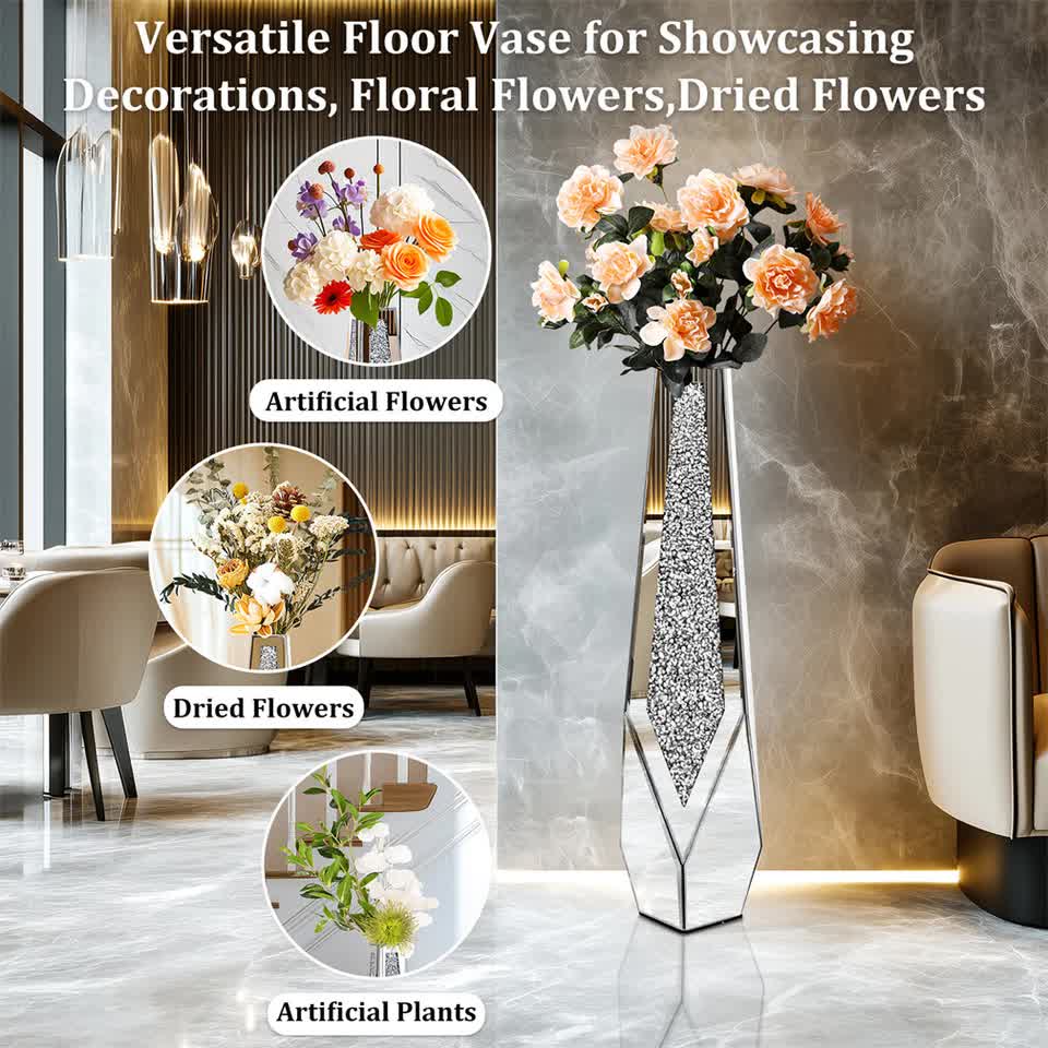 P&P Silver Sparkling Diamond Floor Vase with Glass Inlay for Modern Living Room Decoration V767-HP-XZ1779