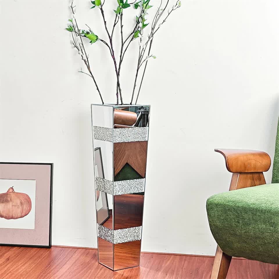 P&P Silver Crushed Diamond Flower Vase with Mirrored Glass for Elegant Home Decoration V767-HP-XZ1812