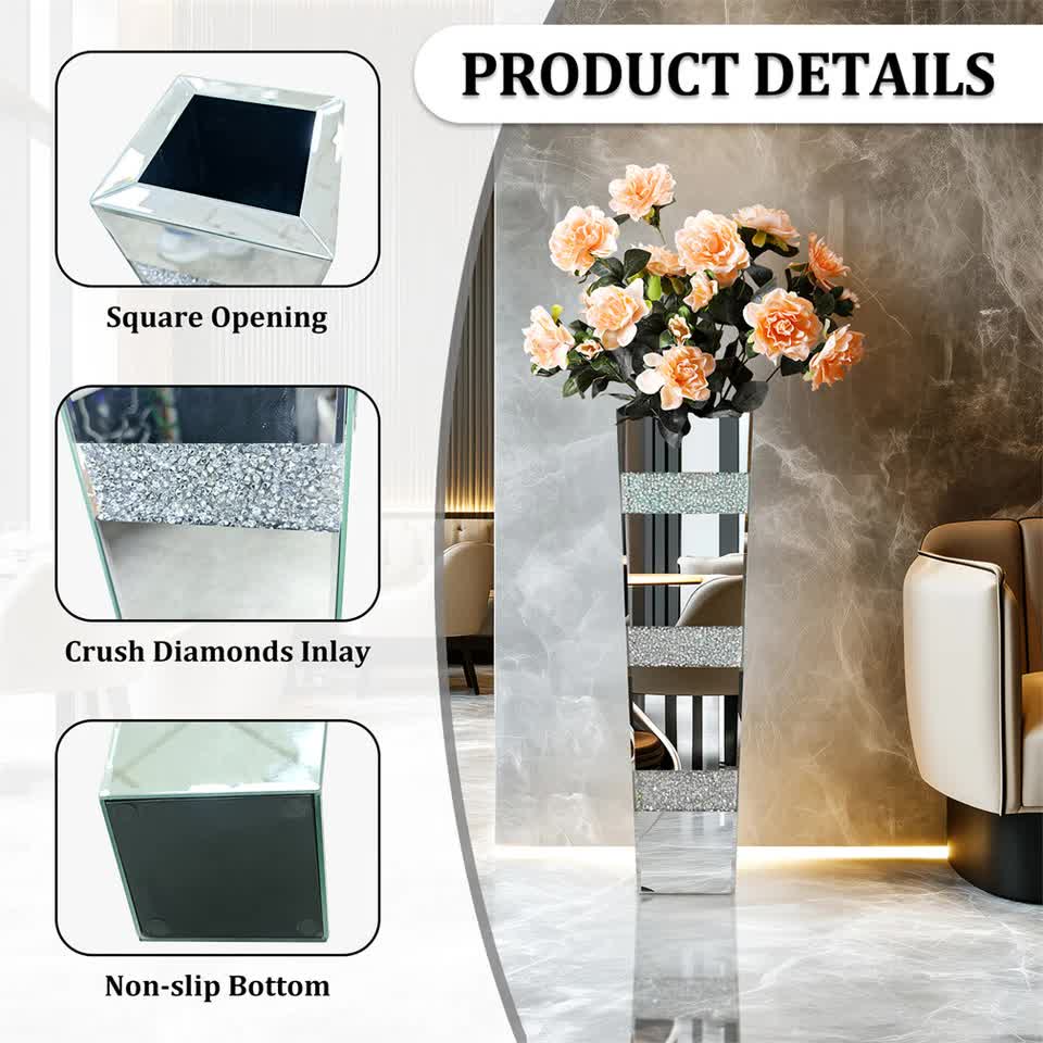 P&P Silver Crushed Diamond Flower Vase with Mirrored Glass for Elegant Home Decoration V767-HP-XZ1812