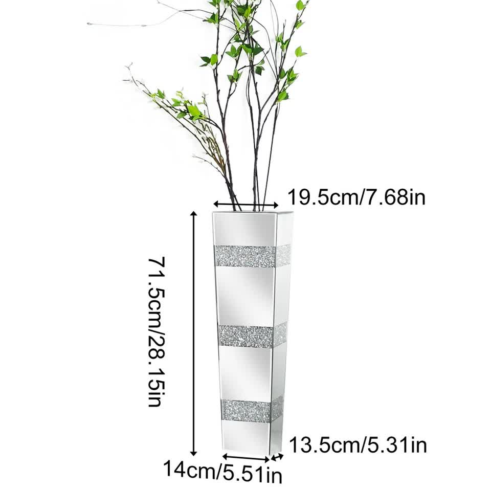 P&P Silver Crushed Diamond Flower Vase with Mirrored Glass for Elegant Home Decoration V767-HP-XZ1812
