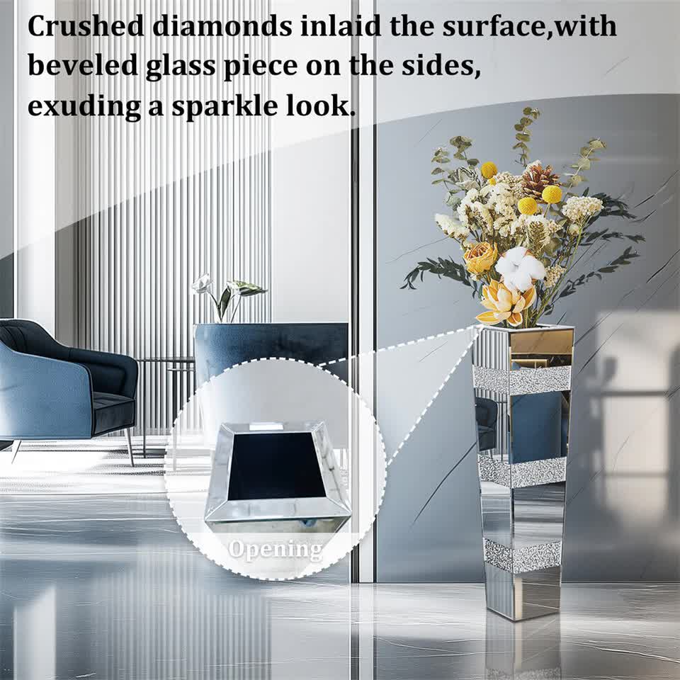 P&P Silver Crushed Diamond Flower Vase with Mirrored Glass for Elegant Home Decoration V767-HP-XZ1812