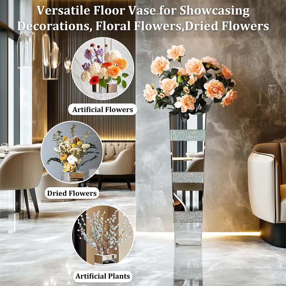 P&P Silver Crushed Diamond Flower Vase with Mirrored Glass for Elegant Home Decoration V767-HP-XZ1812