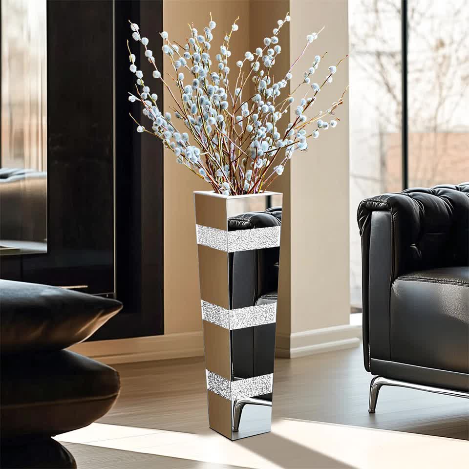 P&P Silver Crushed Diamond Flower Vase with Mirrored Glass for Elegant Home Decoration V767-HP-XZ1812