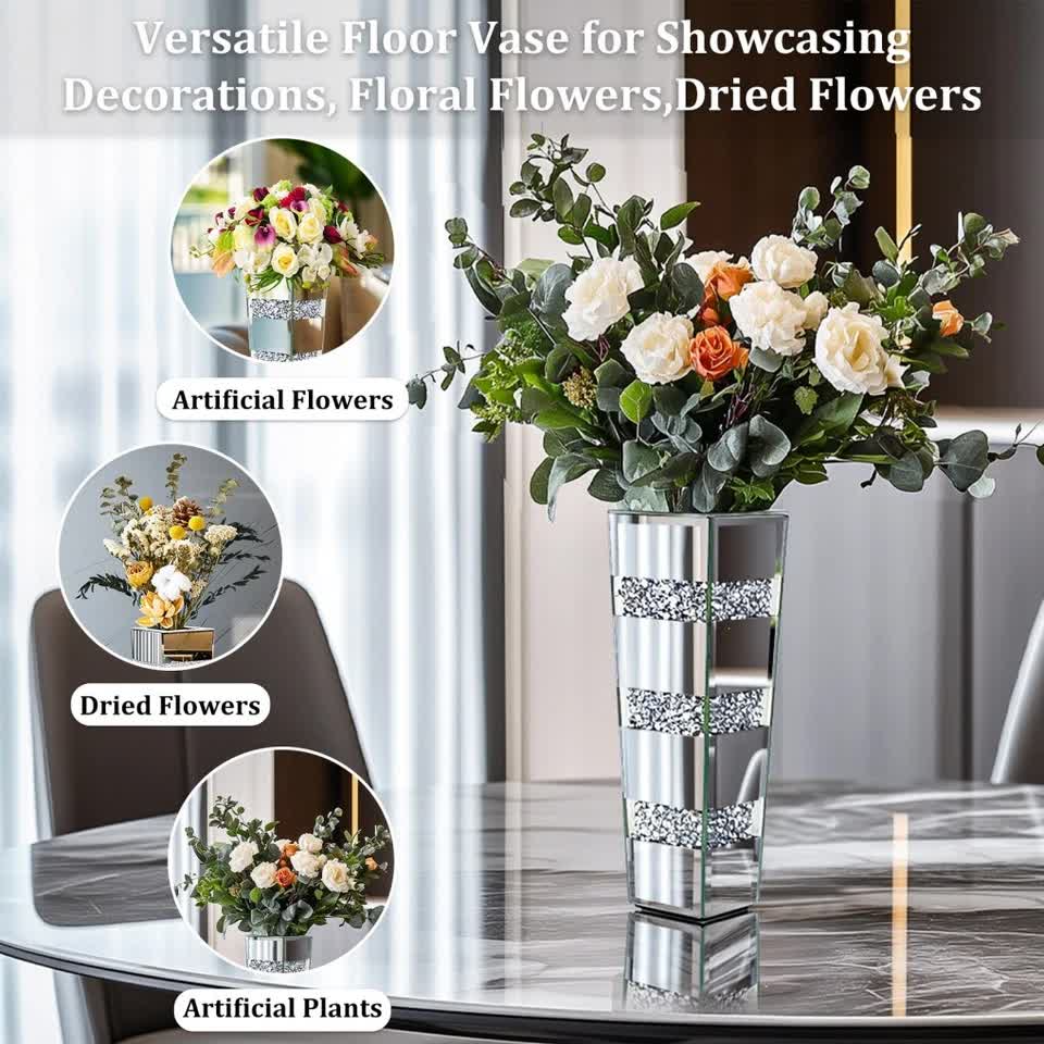 P&P Silver Diamond Inlaid Table Vase, Modern Decorative Centerpiece for Home V767-HP-XZ1812-S