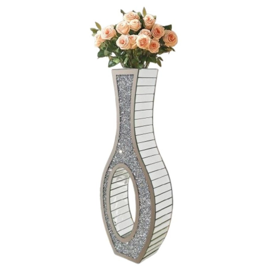 30-Inch Tall Double Sided Crushed Diamond Floor Vase Large Mirrored Silver Crystal Decor V767-HP-ZZ1872