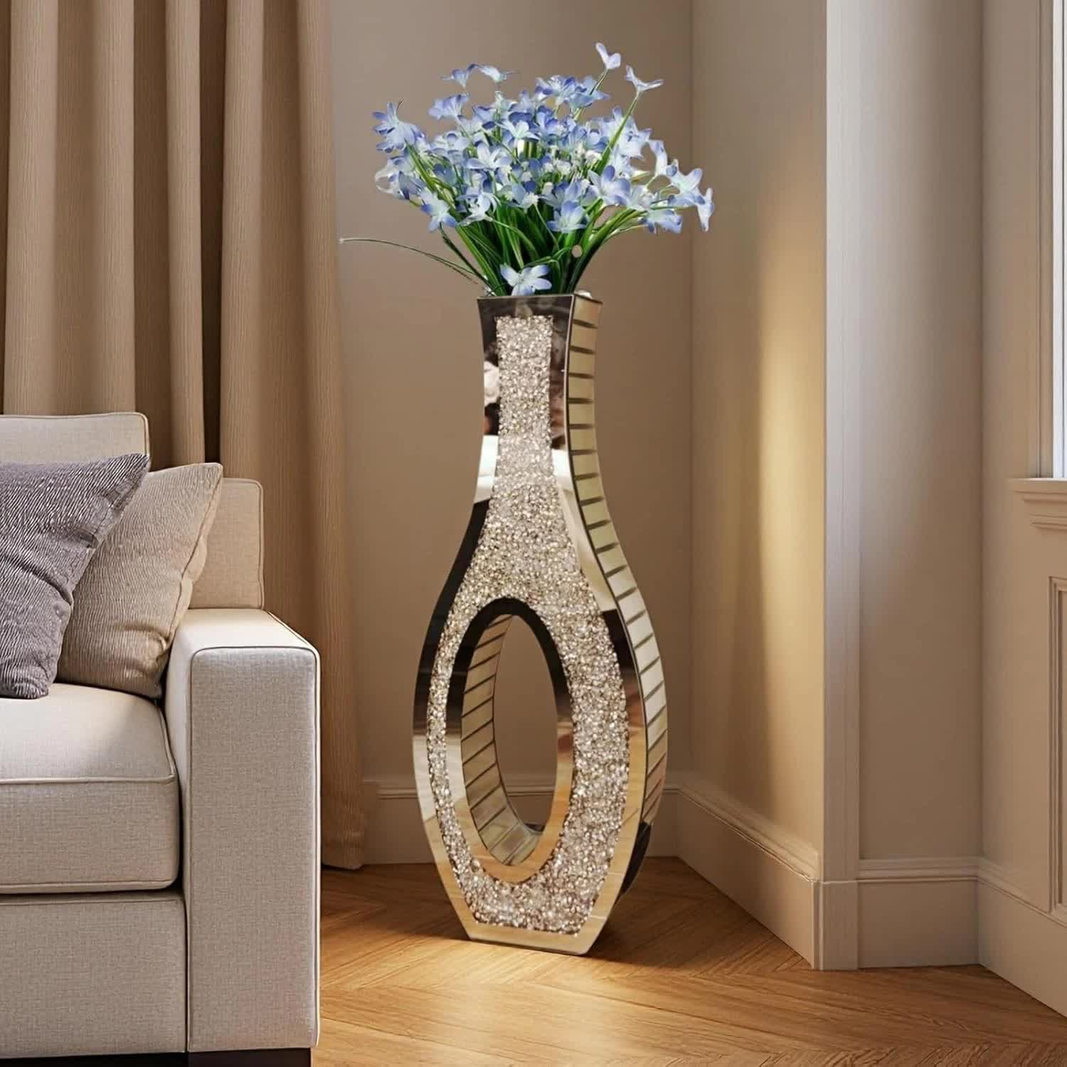 30-Inch Tall Double Sided Crushed Diamond Floor Vase Large Mirrored Silver Crystal Decor V767-HP-ZZ1872