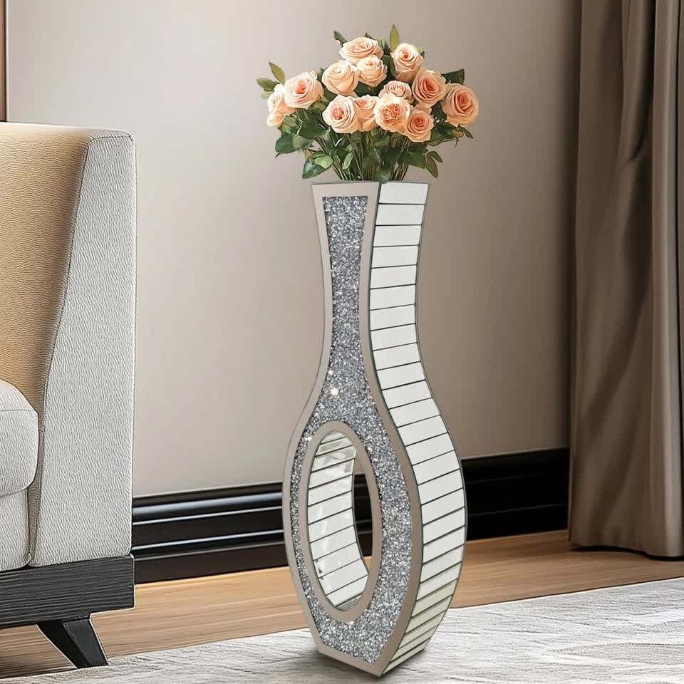 30-Inch Tall Double Sided Crushed Diamond Floor Vase Large Mirrored Silver Crystal Decor V767-HP-ZZ1872