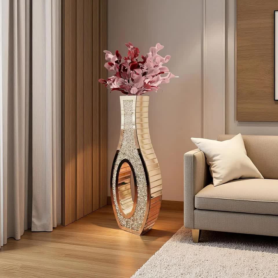 30-Inch Tall Double Sided Crushed Diamond Floor Vase Large Mirrored Silver Crystal Decor V767-HP-ZZ1872