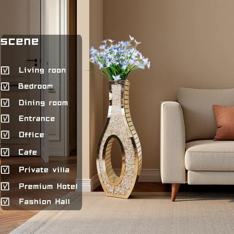 30-Inch Tall Double Sided Crushed Diamond Floor Vase Large Mirrored Silver Crystal Decor V767-HP-ZZ1872