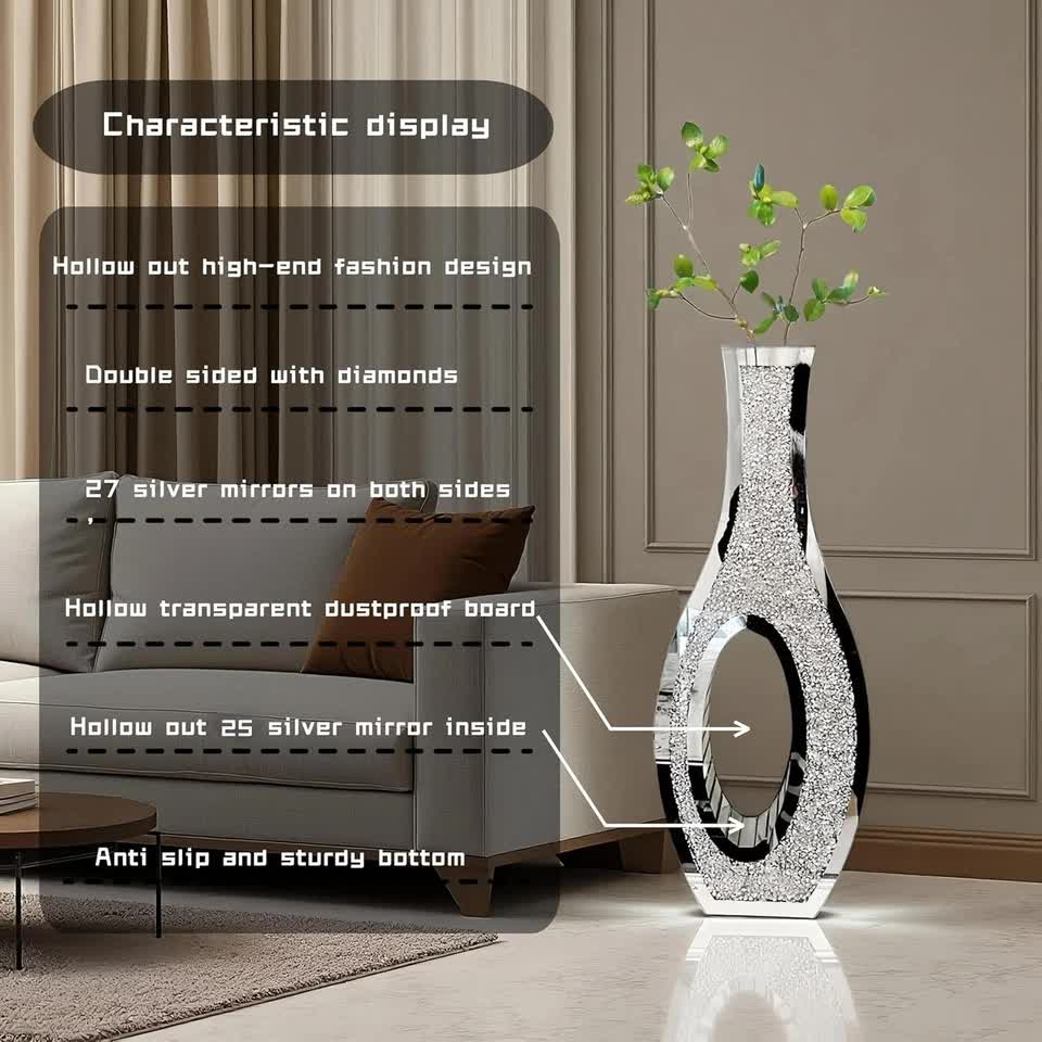 30-Inch Tall Double Sided Crushed Diamond Floor Vase Large Mirrored Silver Crystal Decor V767-HP-ZZ1872