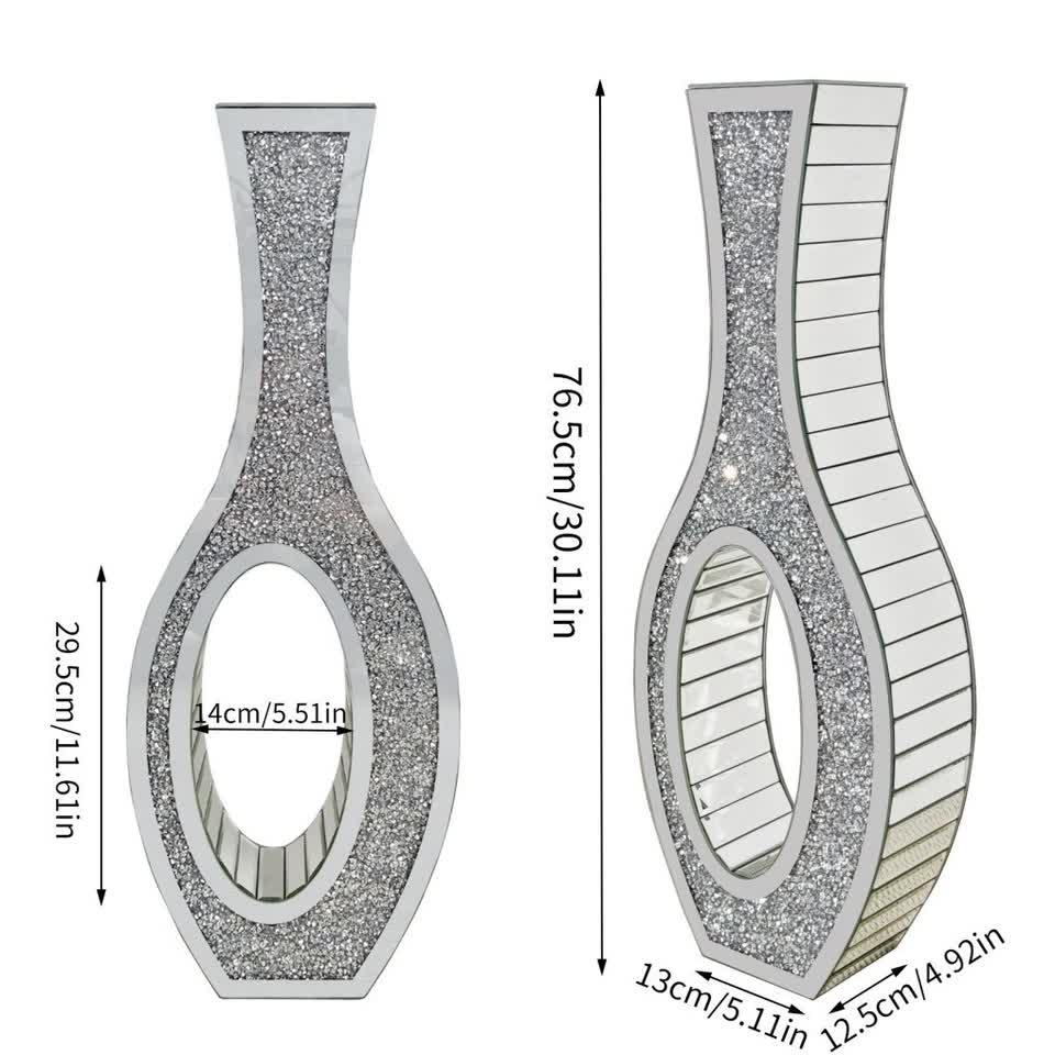 30-Inch Tall Double Sided Crushed Diamond Floor Vase Large Mirrored Silver Crystal Decor V767-HP-ZZ1872