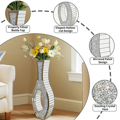 30-Inch Tall Double Sided Crushed Diamond Floor Vase Large Mirrored Silver Crystal Decor V767-HP-ZZ1872